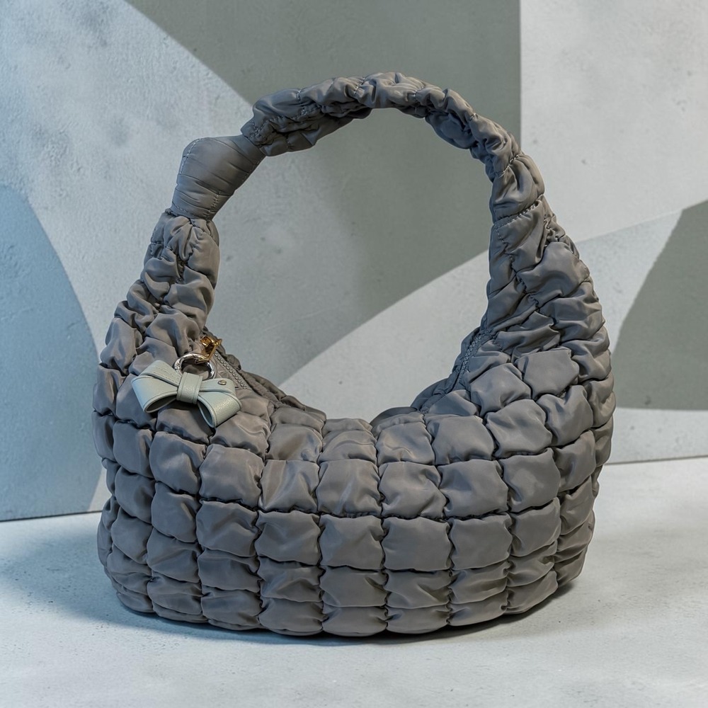 Urban Expressions Grey Quilted Puffy Hobo Shoulder Bag with Bow Charm